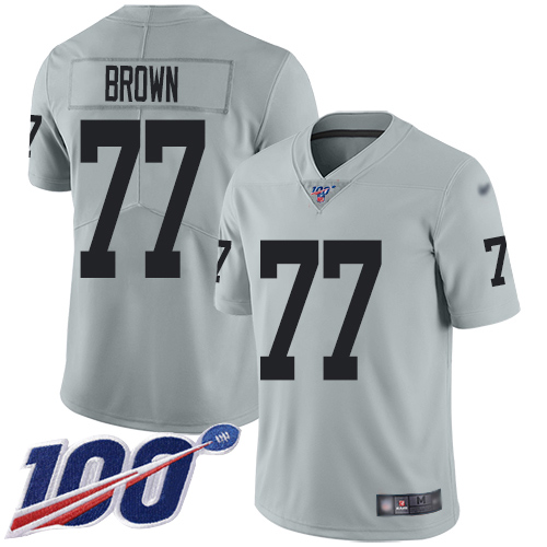 Las Vegas Raiders #77 Trent Brown Silver Youth Stitched Limited Inverted Legend 100th Season Jersey Youth