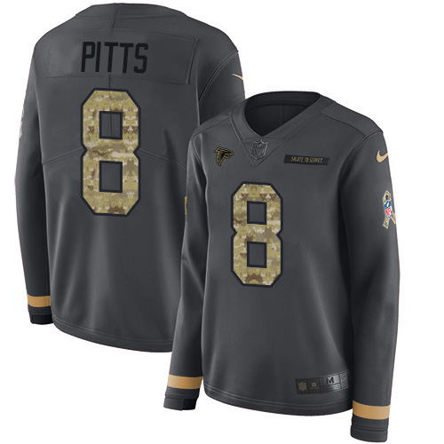 Falcons #8 Kyle Pitts Anthracite Salute To Service Women's Stitched Limited Therma Long Sleeve Jersey