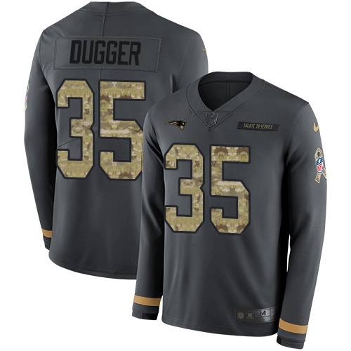 New England Patriots #35 Kyle Dugger Anthracite Salute to Service Men's Stitched Limited Therma Long Sleeve Jersey Men's