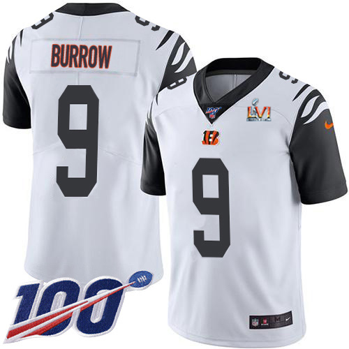 Bengals #9 Joe Burrow White Super Bowl LVI Patch Youth Stitched Limited Rush 100th Season Jersey