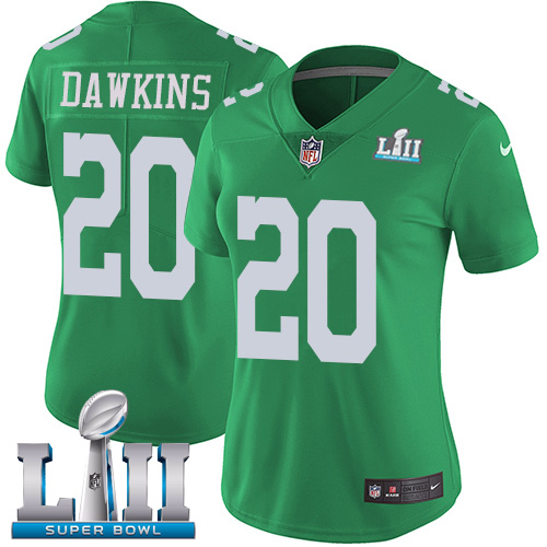Eagles #20 Brian Dawkins Green Super Bowl LII Women's Stitched Limited Rush Jersey