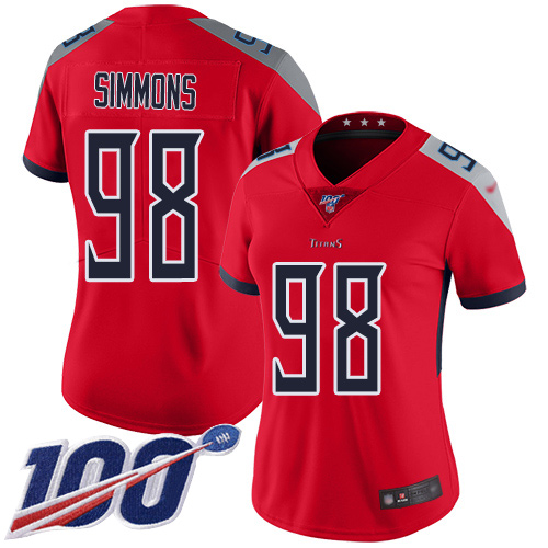 Titans #98 Jeffery Simmons Red Women's Stitched Limited Inverted Legend 100th Season Jersey