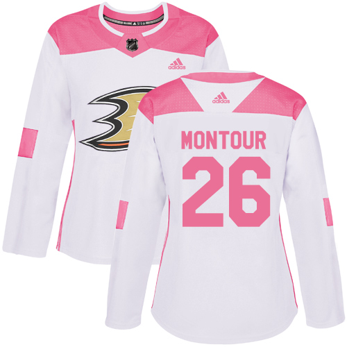 Adidas Anaheim Ducks #26 Brandon Montour White/Pink Authentic Fashion Women's Stitched Jersey Womens