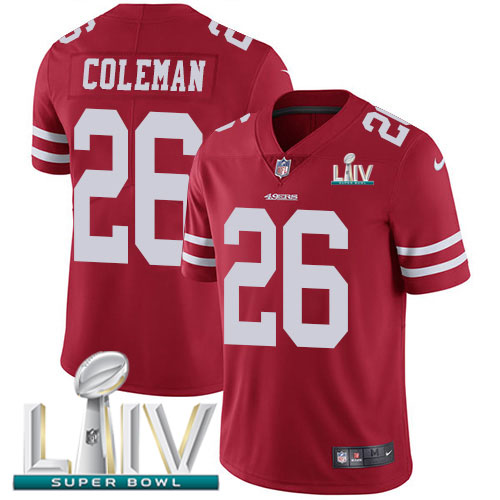 San Francisco 49ers #26 Tevin Coleman Red Super Bowl LIV 2020 Team Color Men's Stitched Vapor Untouchable Limited Jersey Men's