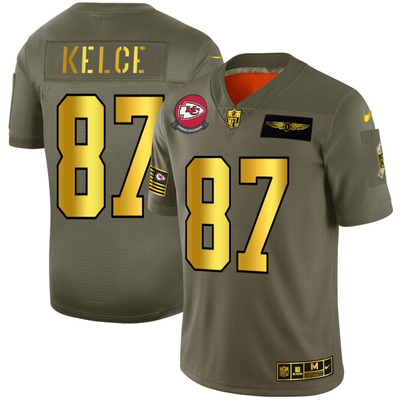 Kansas City Chiefs #87 Travis Kelce Men's Olive Gold 2019 Salute To Service Limited Jersey