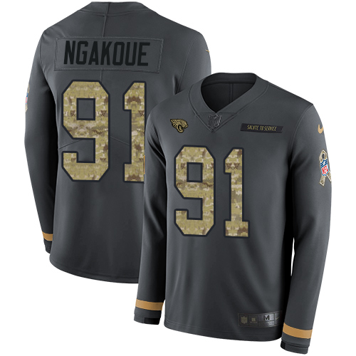 Jacksonville Jaguars #91 Yannick Ngakoue Anthracite Salute to Service Men's Stitched Limited Therma Long Sleeve Jersey Men's