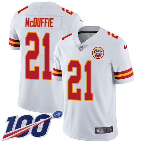 Chiefs #21 Trent McDuffie White Youth Stitched 100th Season Vapor Limited Jersey