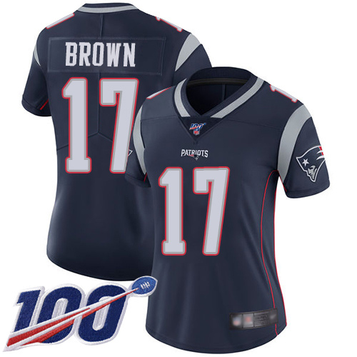 New England Patriots #17 Antonio Brown Navy Blue Team Color Women's Stitched 100th Season Vapor Limited Jersey Womens