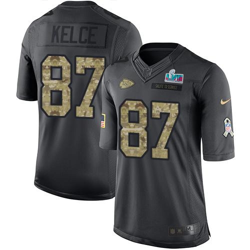 Chiefs #87 Travis Kelce Black Super Bowl LVII Patch Youth Stitched Limited 2016 Salute To Service Jersey