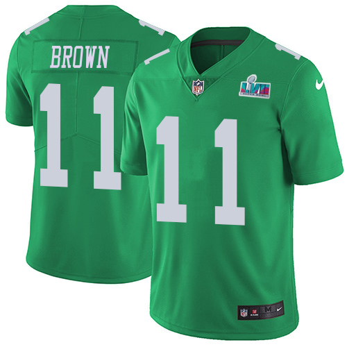 Eagles #11 A.J. Brown Green Super Bowl LVII Patch Men's Stitched Limited Rush Jersey
