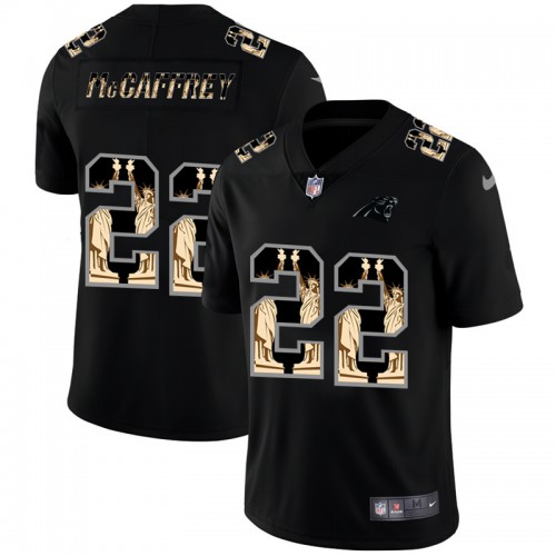 Carolina Carolina Panthers #22 Christian McCaffrey Carbon Black Vapor Statue Of Liberty Limited Jersey Men's