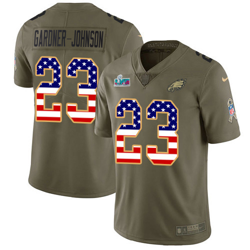 Eagles #23 C.J. Gardner-Johnson Olive/USA Flag Super Bowl LVII Patch Youth Stitched Limited 2017 Salute To Service Jersey