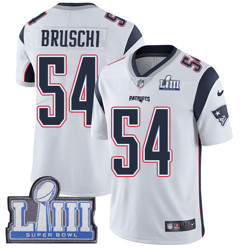 New England Patriots #54 Tedy Bruschi White Super Bowl LIII Bound Men's Stitched Vapor Untouchable Limited Jersey Men's