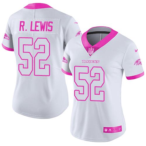 Ravens #52 Ray Lewis White/Pink Women's Stitched Limited Rush Fashion Jersey