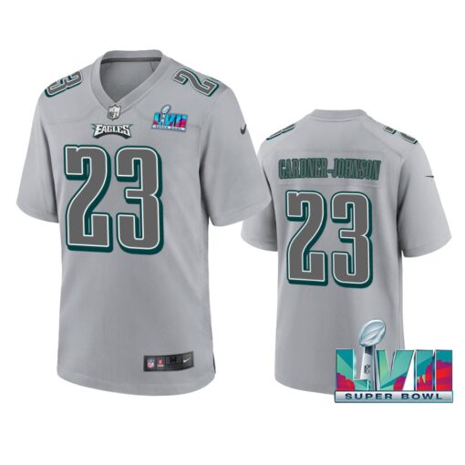 Eagles #23 C.J. Gardner-Johnson Youth Super Bowl LVII Patch Atmosphere Fashion Game Jersey - Gray