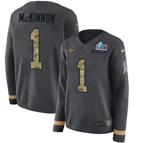 Chiefs #1 Jerick McKinnon Anthracite Salute To Service Super Bowl LVII Patch Women's Stitched Limited Therma Long Sleeve Jersey