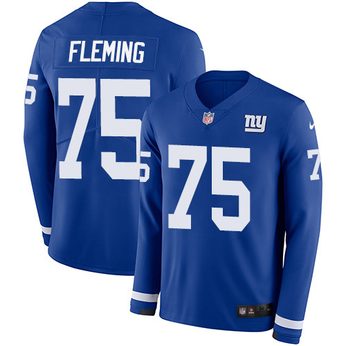New York Giants #75 Cameron Fleming Royal Blue Team Color Youth Stitched Limited Therma Long Sleeve Jersey Youth