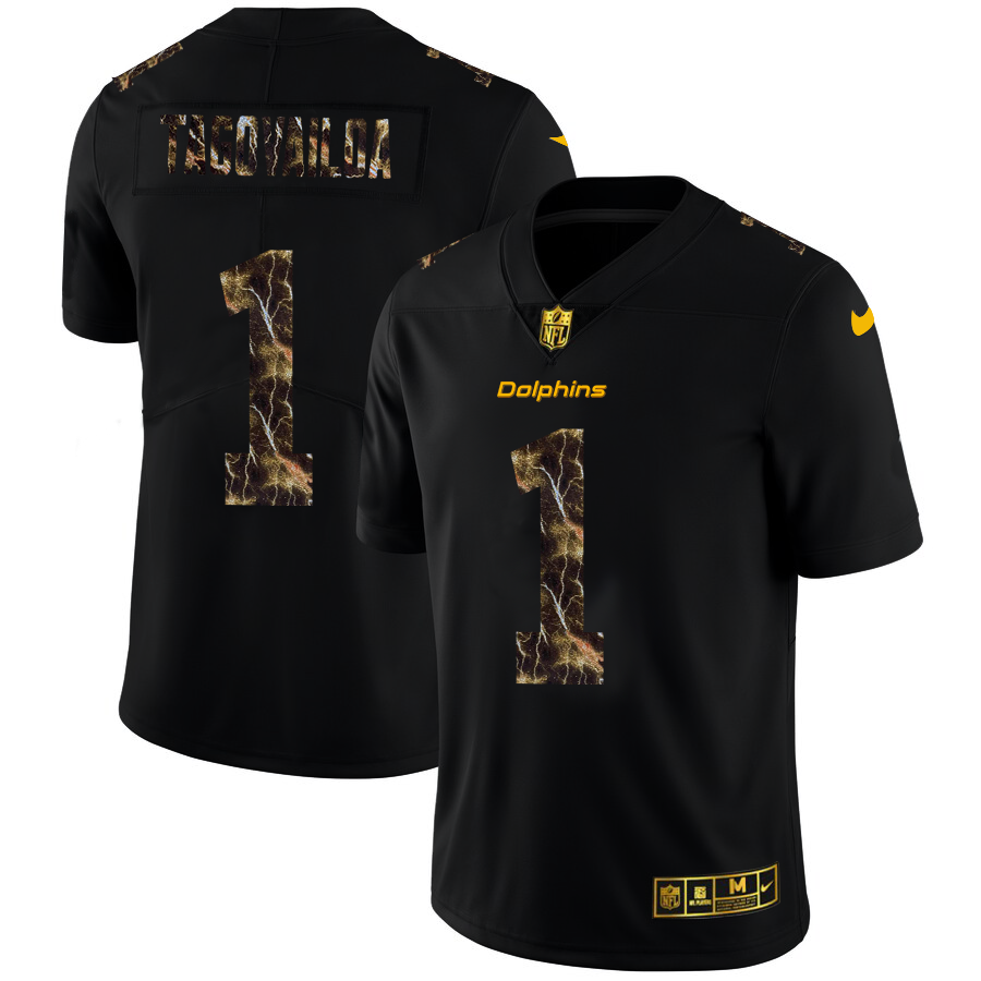 Miami Dolphins #1 Tua Tagovailoa Men's Black Flocked Lightning Vapor Limited Jersey