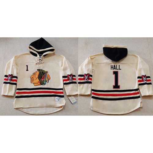 Chicago Blackhawks #1 Glenn Hall Cream Heavyweight Pullover Hoodie Stitched Jersey Men's
