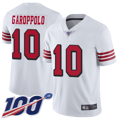 49ers #10 Jimmy Garoppolo White Rush Men's Stitched Limited 100th Season Jersey