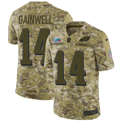 Eagles #14 Kenneth Gainwell Camo Super Bowl LVII Patch Youth Stitched Limited 2018 Salute To Service Jersey