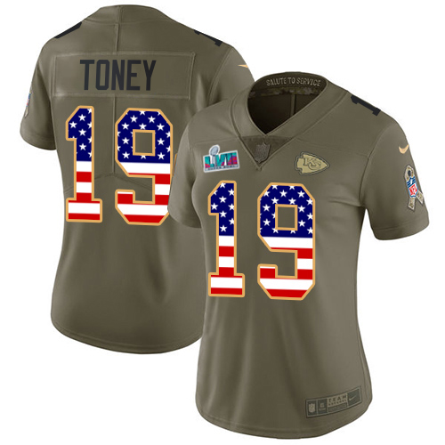Chiefs #19 Kadarius Toney Olive/USA Flag Super Bowl LVII Patch Women's Stitched Limited 2017 Salute To Service Jersey