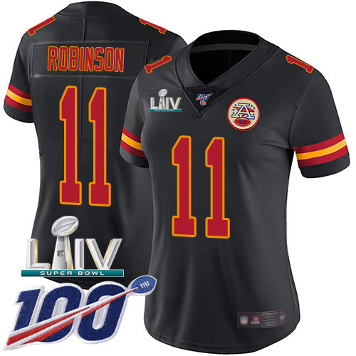 Kansas City Chiefs #11 Demarcus Robinson Black Super Bowl LIV 2020 Women's Stitched Limited Rush 100th Season Jersey Womens