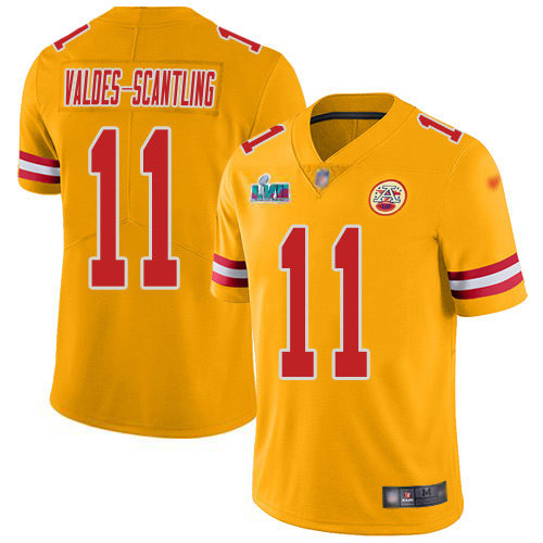 Chiefs #11 Marquez Valdes-Scantling Gold Super Bowl LVII Patch Men's Stitched Limited Inverted Legend Jersey