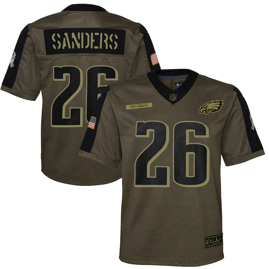 Philadelphia Eagles #26 Miles Sanders Olive Youth 2021 Salute To Service Game Jersey