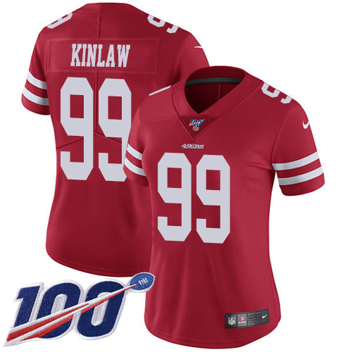 San Francisco 49ers #99 Javon Kinlaw Red Team Color Women's Stitched 100th Season Vapor Untouchable Limited Jersey Womens