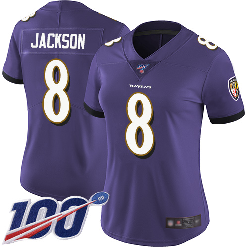 Ravens #8 Lamar Jackson Purple Team Color Women's Stitched 100th Season Vapor Limited Jersey