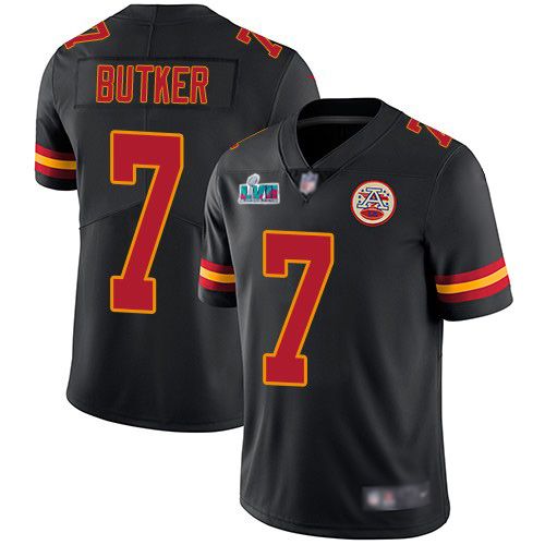 Chiefs #7 Harrison Butker Black Super Bowl LVII Patch Youth Stitched Limited Rush Jersey