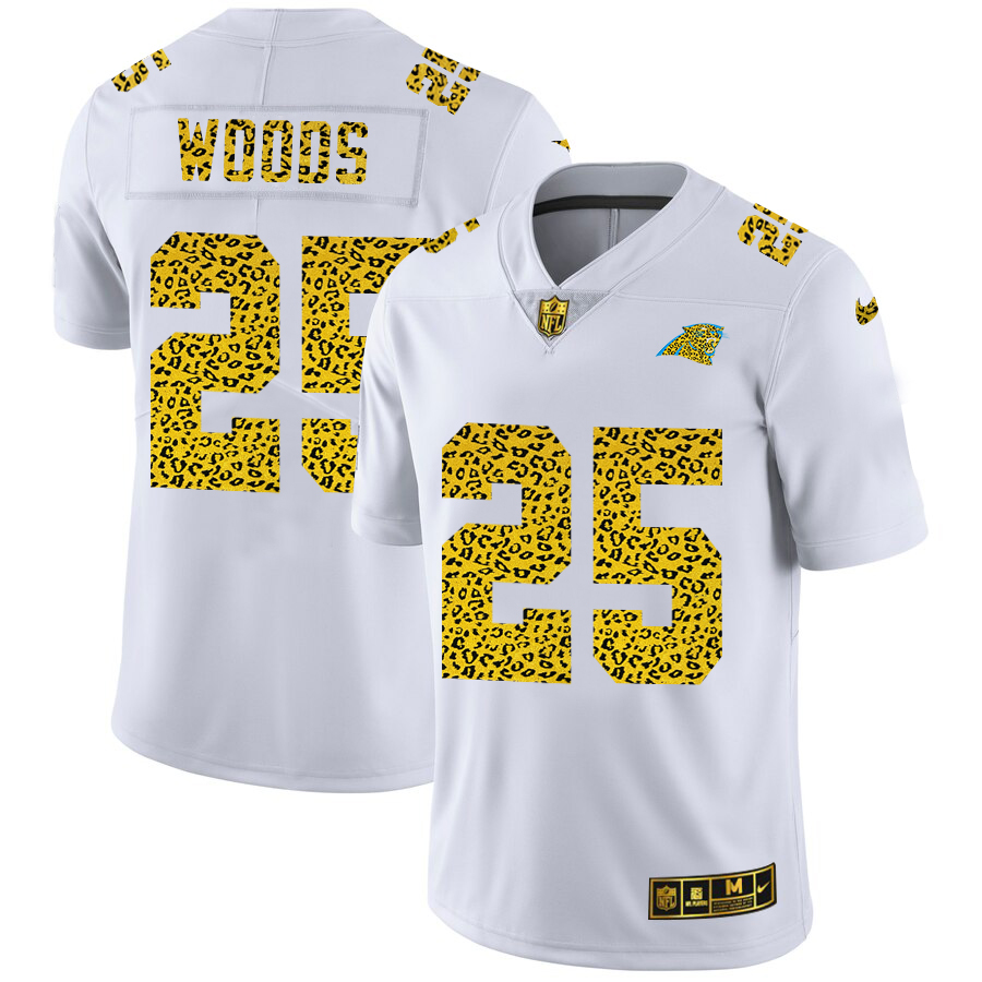Carolina Panthers #25 Xavier Woods Men's Flocked Leopard Print Vapor Limited Jersey White