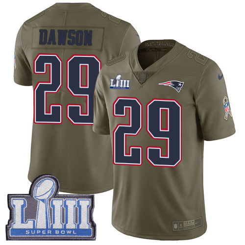 New England Patriots #29 Duke Dawson Olive Super Bowl LIII Bound Men's Stitched Limited 2017 Salute To Service Jersey Men's