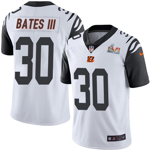 Bengals #30 Jessie Bates III White Super Bowl LVI Patch Youth Stitched Limited Rush Jersey