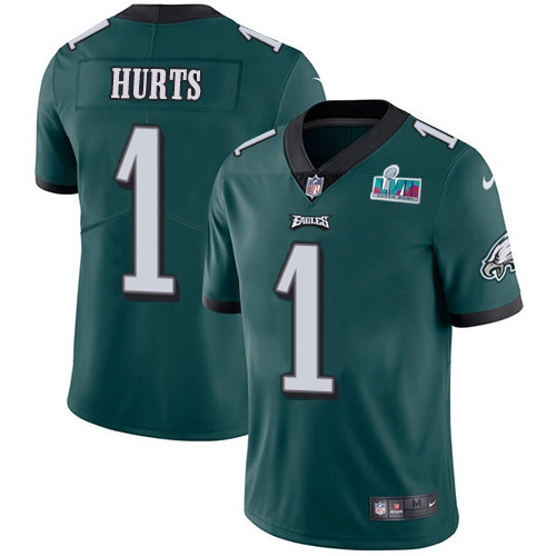Eagles #1 Jalen Hurts Green Team Color Super Bowl LVII Patch Youth Stitched Vapor Untouchable Limited Jersey