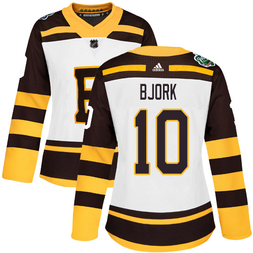 Adidas Boston Bruins #10 Anders Bjork White Authentic 2019 Winter Classic Women's Stitched Jersey Womens