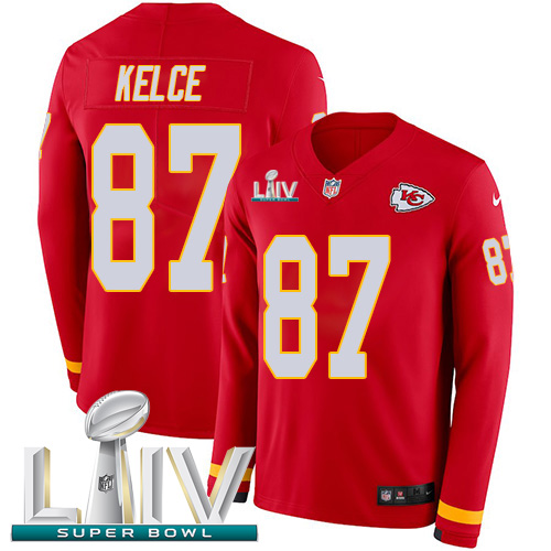 Chiefs #87 Travis Kelce Red Super Bowl LIV 2020 Team Color Youth Stitched Limited Therma Long Sleeve Jersey