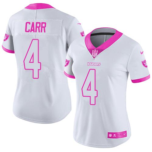 Raiders #4 Derek Carr White/Pink Women's Stitched Limited Rush Fashion Jersey