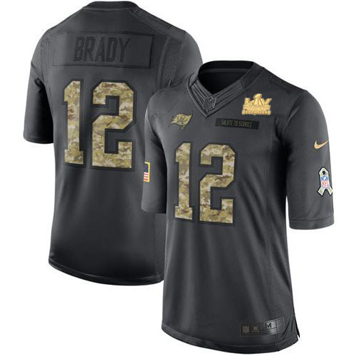 Buccaneers #12 Tom Brady Black Men's Super Bowl LV Champions Patch Limited 2016 Salute To Service Jersey