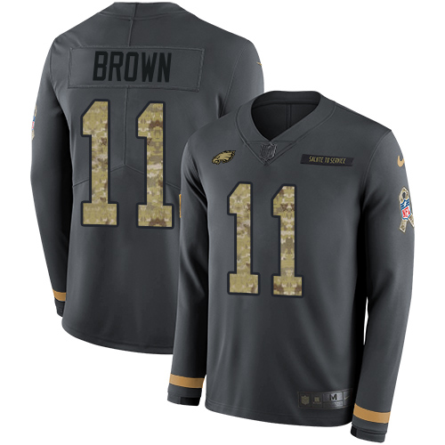 Eagles #11 A.J. Brown Anthracite Salute To Service Men's Stitched Limited Therma Long Sleeve Jersey