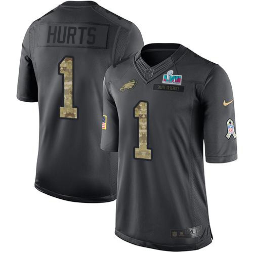 Eagles #1 Jalen Hurts Black Super Bowl LVII Patch Youth Stitched Limited 2016 Salute To Service Jersey