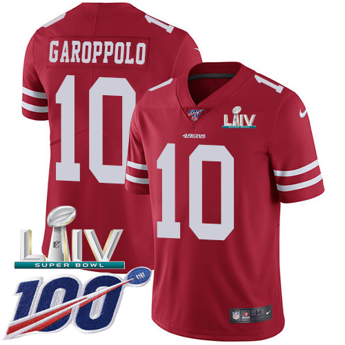 49ers #10 Jimmy Garoppolo Red Super Bowl LIV 2020 Team Color Men's Stitched 100th Season Vapor Limited Jersey
