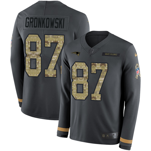 New England Patriots #87 Rob Gronkowski Anthracite Salute to Service Men's Stitched Limited Therma Long Sleeve Jersey Men's