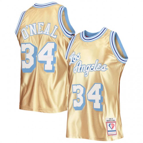 Los Angeles Lakers #34 Kareem Abdul-Jabbar Mens Gold Mitchell & Ness 75th Anniversary 1996-97 Hardwood Classics Swingman Jersey Mens