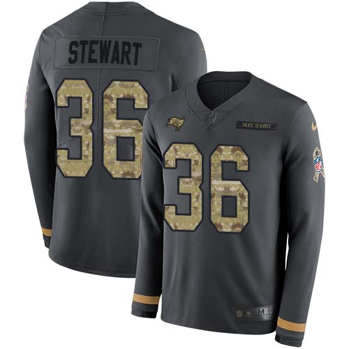 Tampa Bay Buccaneers #36 M.J. Stewart Anthracite Salute to Service Men's Stitched Limited Therma Long Sleeve Jersey Men's