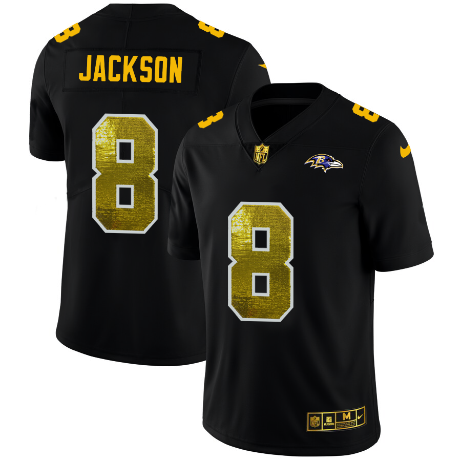 Baltimore Ravens #8 Lamar Jackson Men's Black Golden Sequin Vapor Limited Jersey
