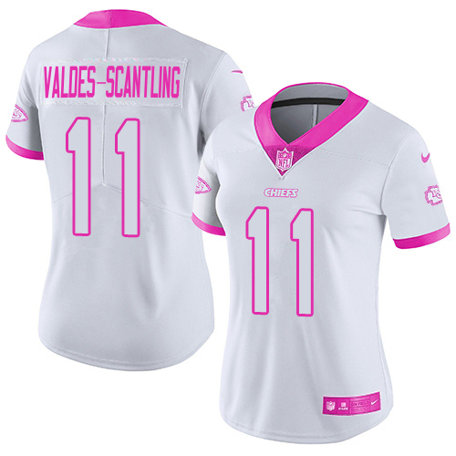 Chiefs #11 Marquez Valdes-Scantling White/Pink Women's Stitched Limited Rush Fashion Jersey
