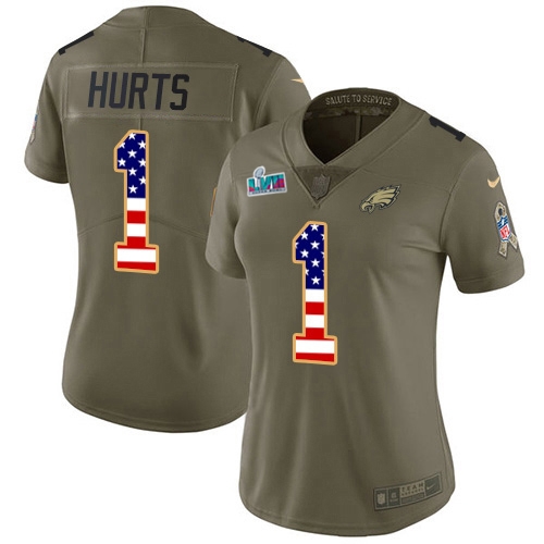 Eagles #1 Jalen Hurts Olive/USA Flag Super Bowl LVII Patch Women's Stitched Limited 2017 Salute To Service Jersey