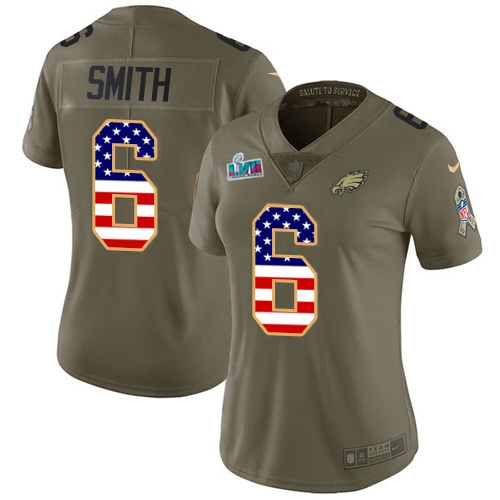 Eagles #6 DeVonta Smith Olive/USA Flag Super Bowl LVII Patch Women's Stitched Limited 2017 Salute To Service Jersey